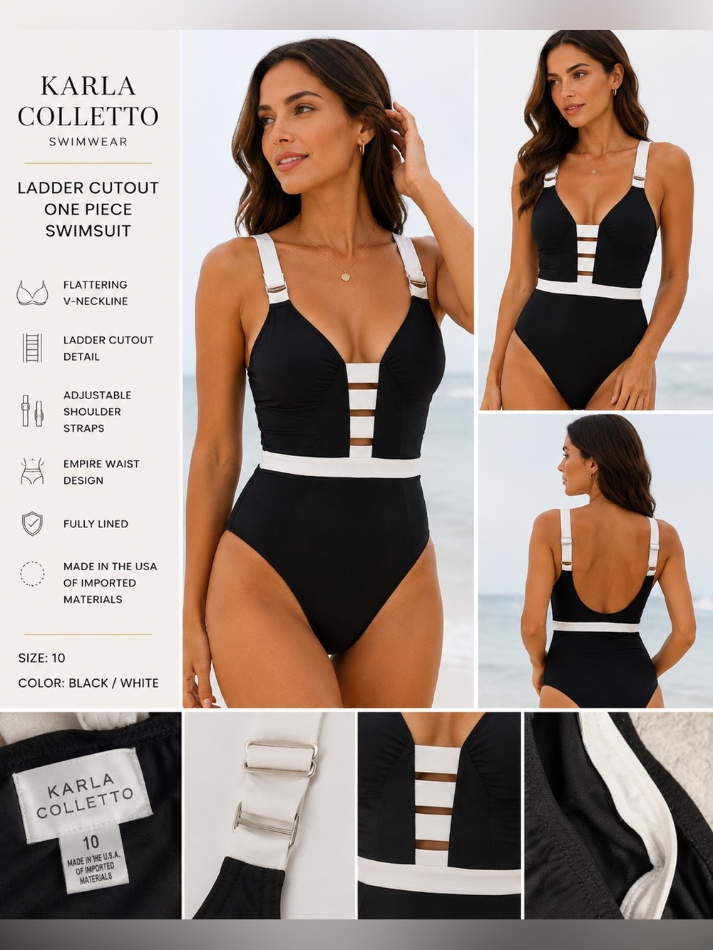 Karla Colletto Black & White Ladder Cutout One Piece Swimsuit Size 10